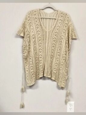 Crochet Boho Open-Knit Tassel V Neck Pullover Sweater Poncho Cover Up One Size